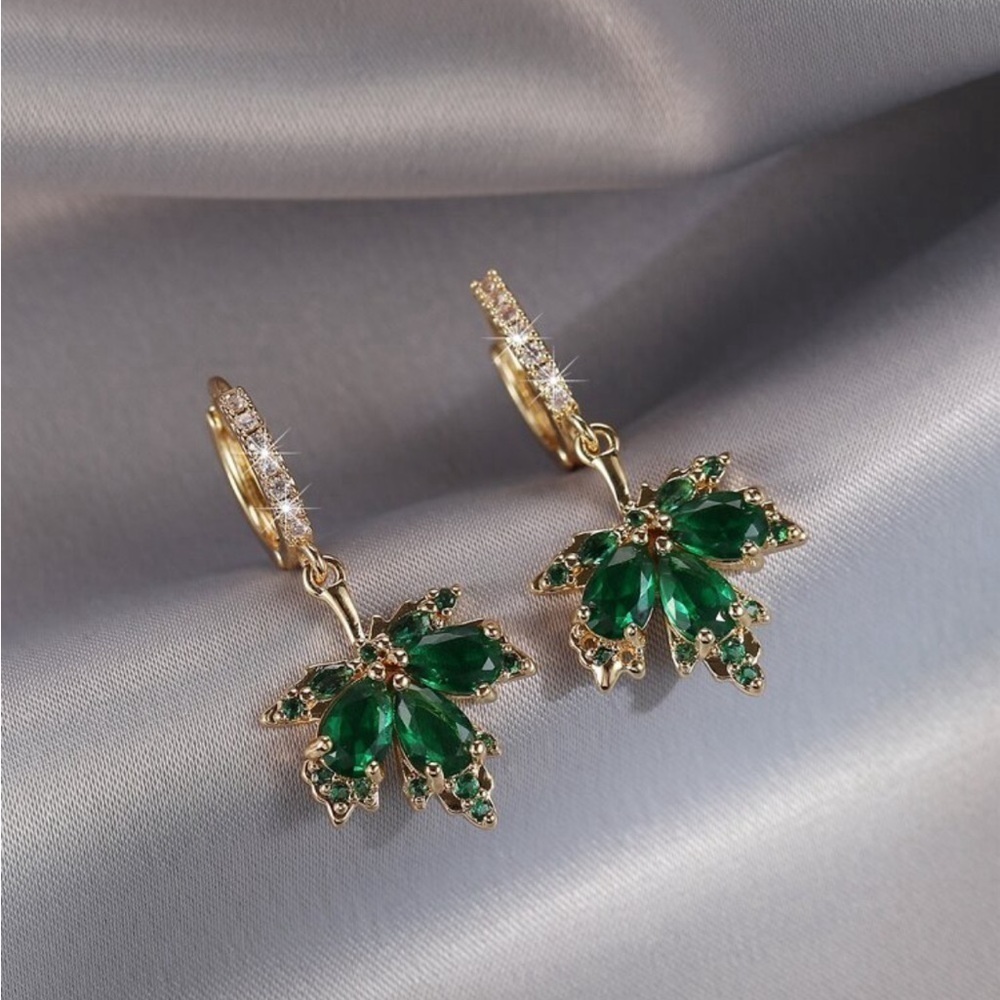 18k Gold Plated Emerald Green Crystal Leaf Drop Earrings
